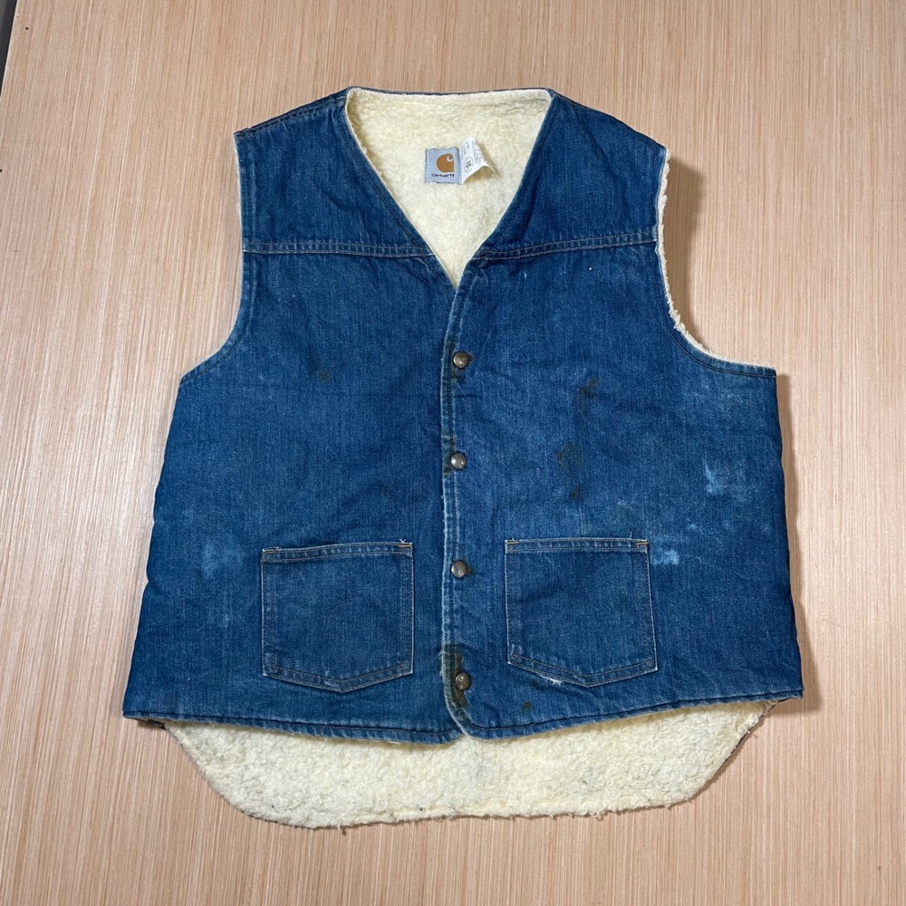 Carhartt 70s Denim Vest Mens XLT Sherpa Lined Blue Distressed 8SVT USA Made